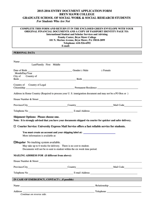 Entry Document Application Form Bryn Mawr College Printable pdf