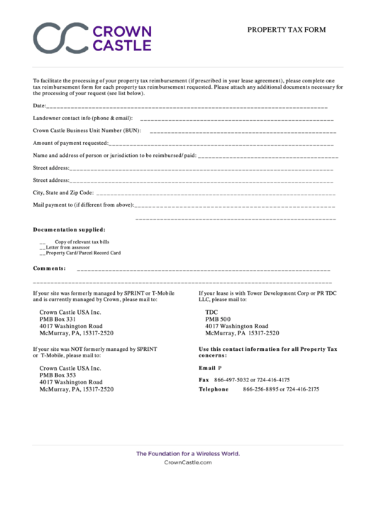 Property Tax Form - Crown Castle Printable pdf