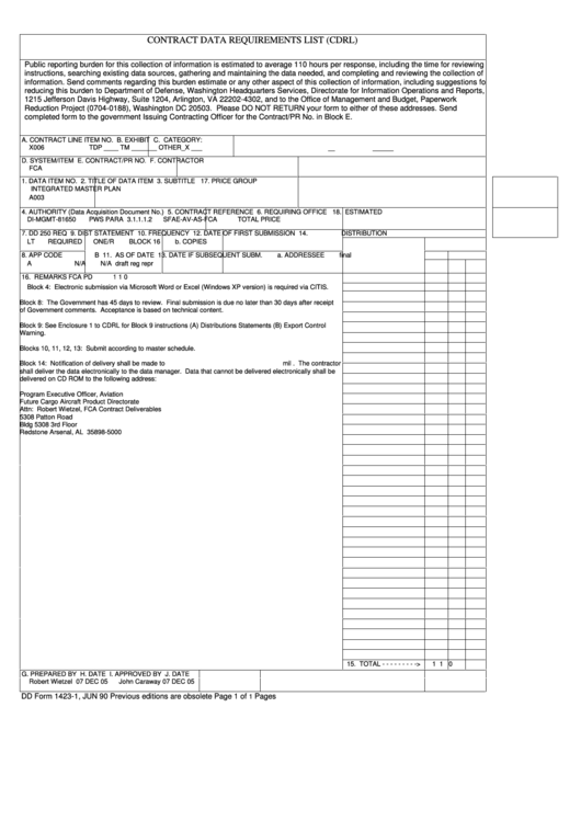 Dd Form 1423 1 Contract Data Requirements List Cdrl Printable Pdf