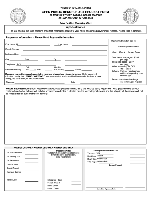 Open Public Records Act Request Form - Township Of Saddle Brook Printable pdf