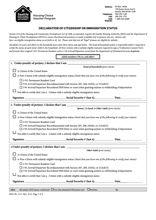 Sha-1117 Citiz Form Revision - Seattle Housing Authority Printable pdf