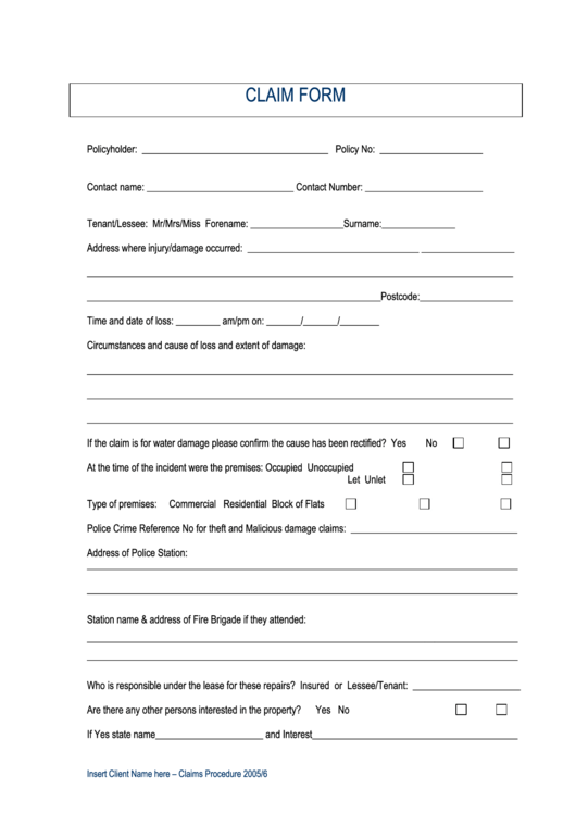 Insurance Claim Form Printable pdf