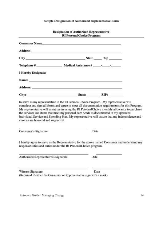 Sample Designation Of Authorized Representative Form printable pdf download
