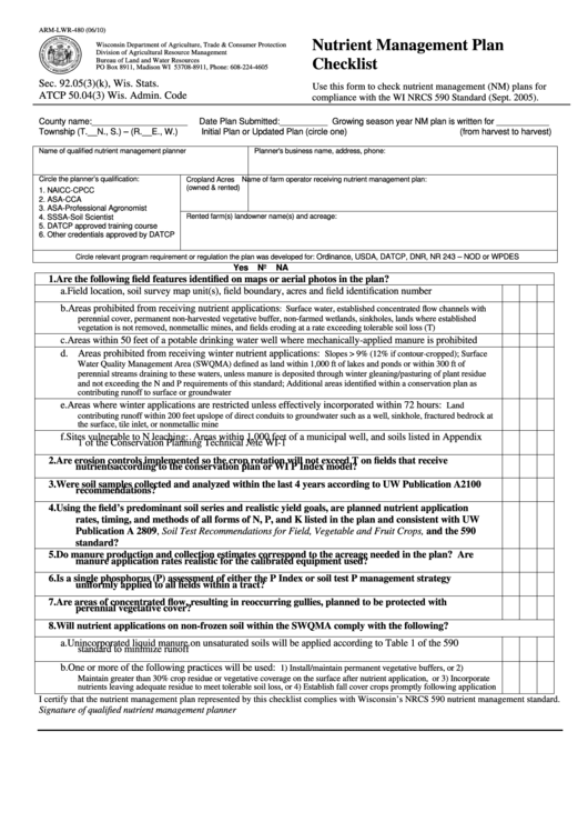 Form Arm-Lwr-480 - Nutrient Management Plan Checklist - Wisconsin Department Of Agriculture Printable pdf