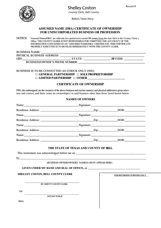 Assumed Name (Dba) Certificate Of Ownership For Unincorporated Business Or Profession - Bell County Printable pdf