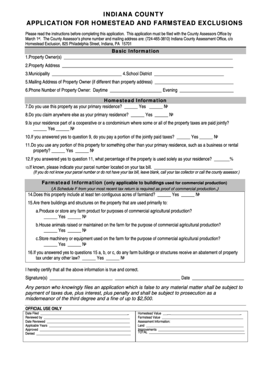 Indiana County Application For Homestead And Farmstead Exclusions Printable pdf