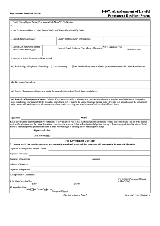 Fillable I-407 - Abandonment Of Lawful Permanent Resident Status - Department Of Homeland Security Printable pdf
