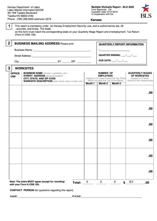 Fillable Form Bls 3020 - Multiple Worksite Report - Kansas Department Of Labor Printable pdf