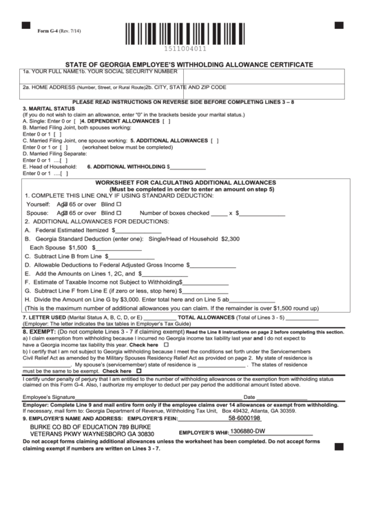 Fillable Form G4 Georgia Employee #39 S Withholding Allowance Certificate