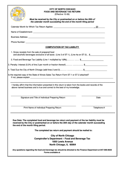Food Beverage Tax Return Form - North Chicago Printable pdf