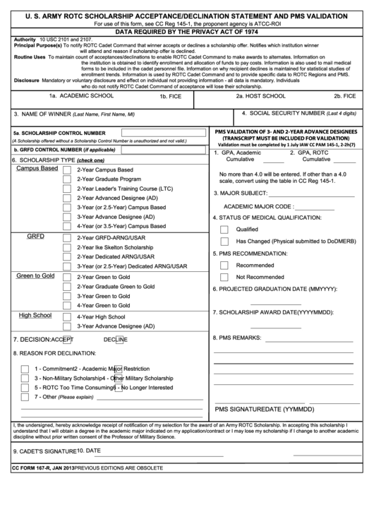 Fillable Cc Form 167-R - U. S. Army Rotc Scholarship Acceptance/declination Statement And Pms Validation Printable pdf