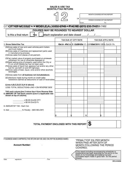 Fillable Form 12 - Sales & Use Tax Monthly Tax Return Printable pdf