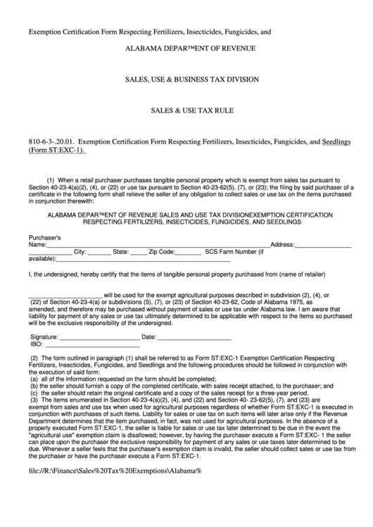 Exemption Certification Form Respecting Fertilizers, Insecticides, Fungicides, And Seedlings (Sales & Use Tax Rule) - Alabama Department Of Revenue Printable pdf
