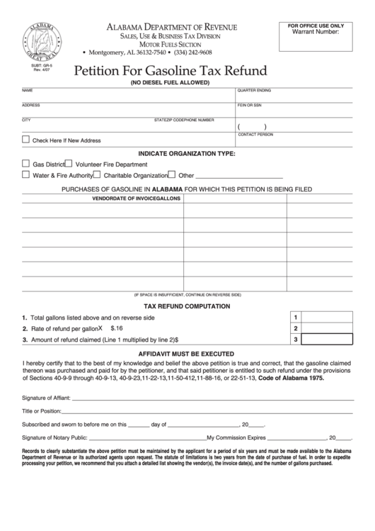 Fillable Petition For Gasoline Tax Refund Printable pdf