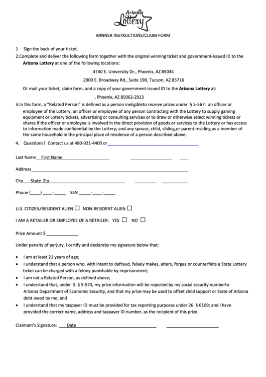 Winner Instructions Claim Form Arizona Lottery Printable pdf