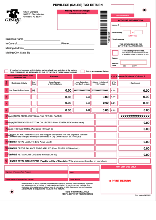 Fillable Privilege Sales And Use Tax Return - City Of Glendale Printable pdf