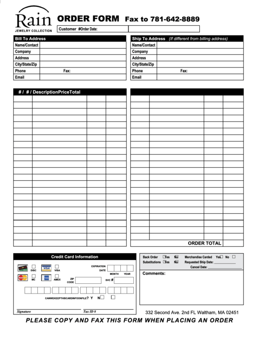 Rain Jewelry Order Form Printable pdf