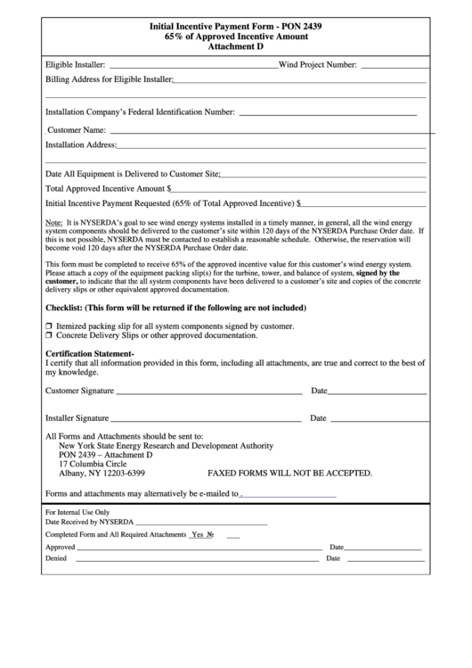 Fillable Form Pon 2439 - Initial Incentive Payment Form - New York State Energy Research And Development Authority Printable pdf