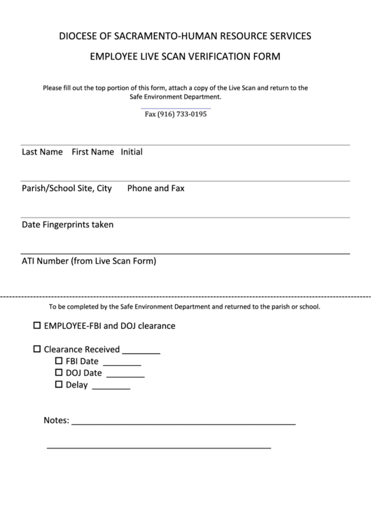 Employee Live Scan Verification Form - Diocese Of Sacramento Printable pdf