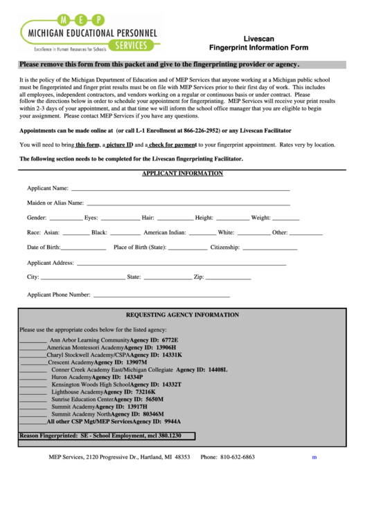 Livescan Form For Fingerprinting - Summit Academy Printable pdf