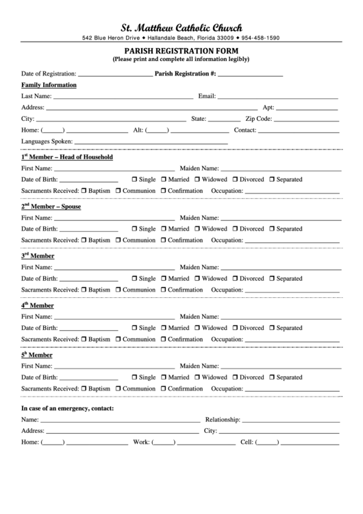 Fillable Parish Registration Form - St. Matthew Catholic Church Printable pdf