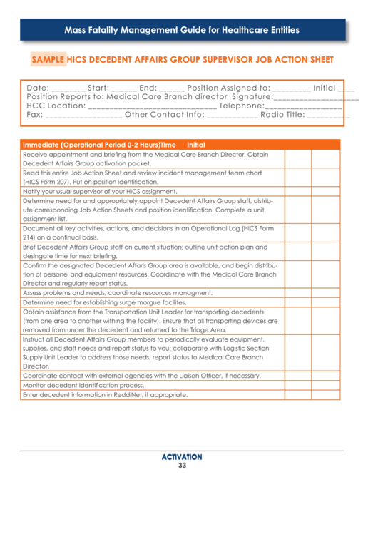 Sample Hics Decedent Affairs Group Supervisor Job Action Sheet Printable pdf