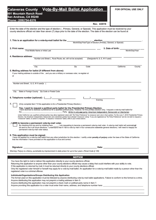 California Vote-By-Mail Ballot Application Form Printable pdf