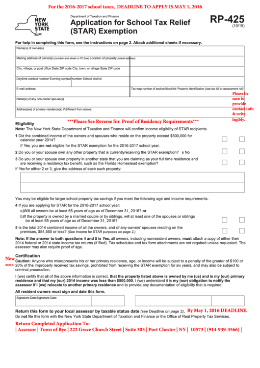Form Rp-425 - Application For School Tax Relief - 2015 Printable pdf