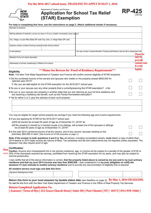 Form Rp 425 Application For School Tax Relief 2015 Printable Pdf 