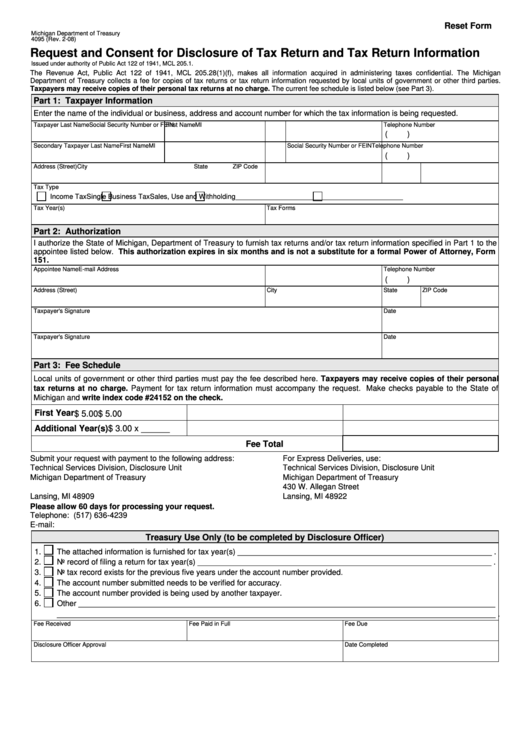 Fillable Form 4095 - Request And Consent For Disclosure Of Tax Return And Tax Return Information Printable pdf