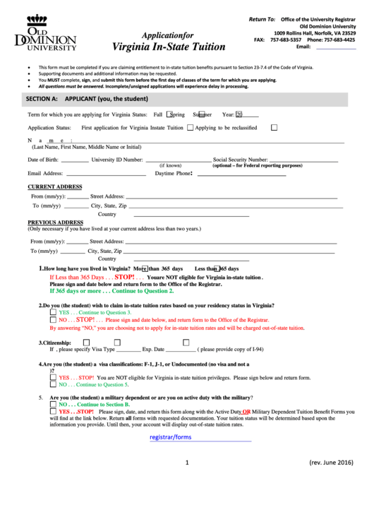 Fillable Application For Instate Tuition - Old Dominion University Printable pdf