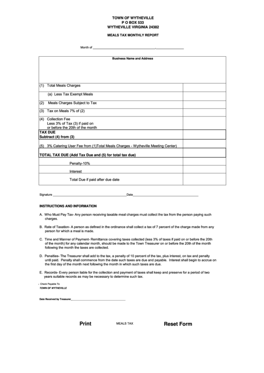 Fillable Meals Tax Form - Town Of Wytheville Printable pdf