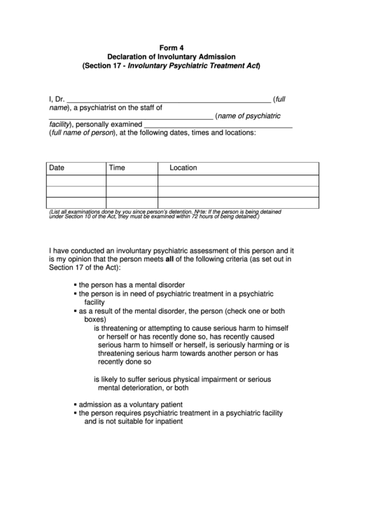 Form 4 Declaration Of Involuntary Admission Printable pdf