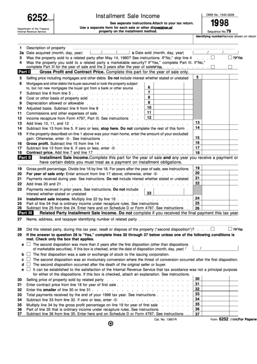 Fillable Form 6252 - Installment Sale Income Printable pdf