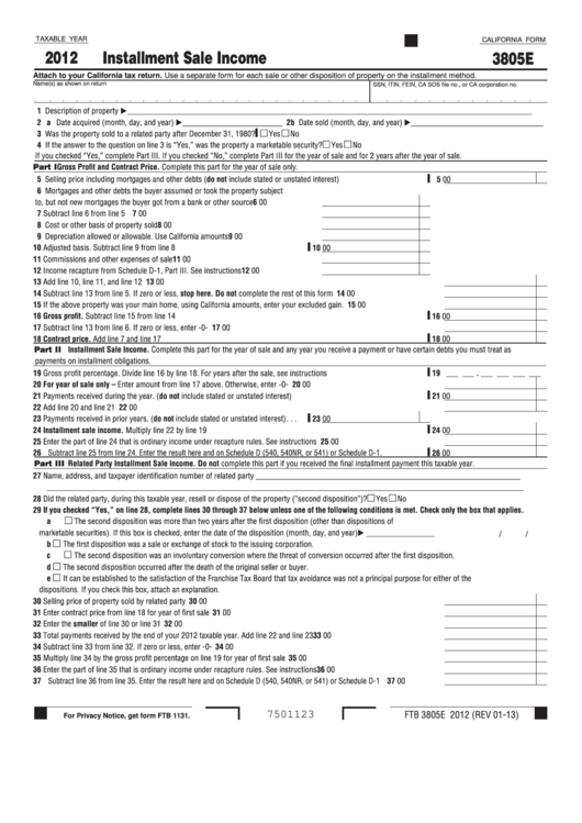 Fillable California Form 3805e - Installment Sale Income - 2012 Printable pdf
