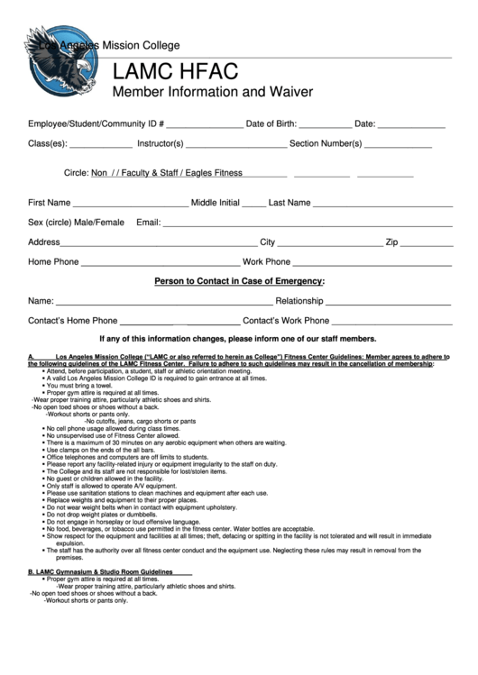 Hfac Waiver Form - Los Angeles Mission College Printable pdf