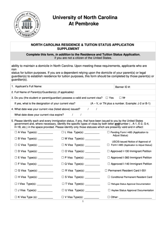 North Carolina Residence & Tuition Status Application Form Printable pdf