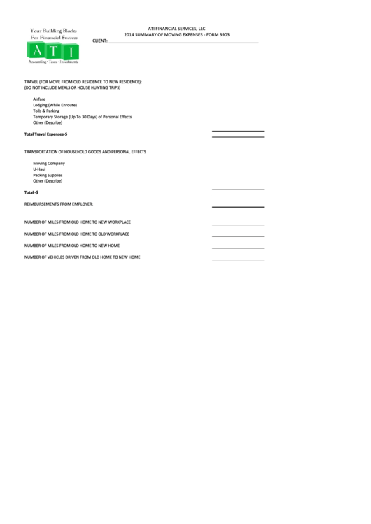 Summary Of Moving Expenses - Form 3903 Printable pdf