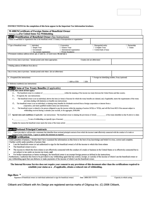 Form W-8ben (Substitute Form) - Certificate Of Foreign Status Of Beneficial Owner For United States Tax Withholding Printable pdf