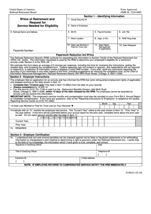 G-88a2 (10-10) - Notice Of Retirement And Request For Service Needed For Eligibility Printable pdf