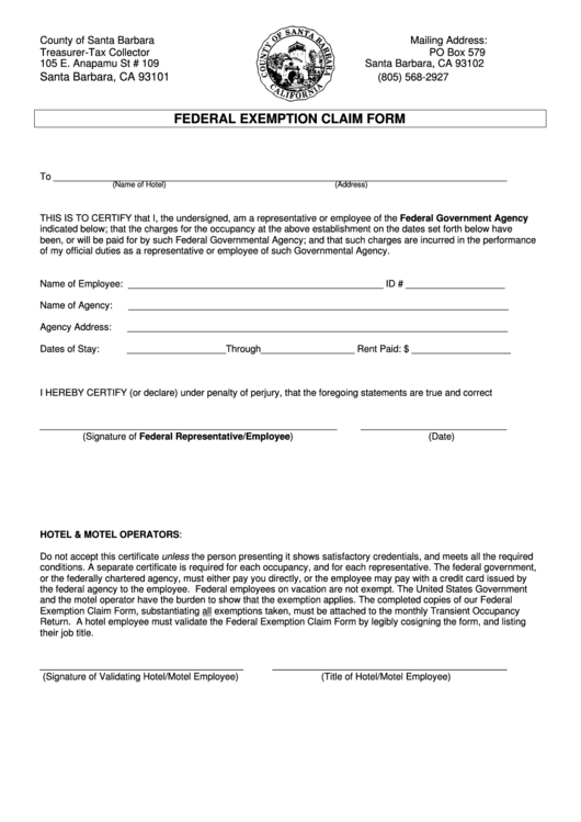 Fillable Federal Exemption Claim Form - County Of Santa Barbara Printable pdf