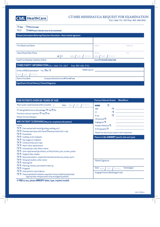 Ct/mri Mississauga Request For Examination Form Printable pdf