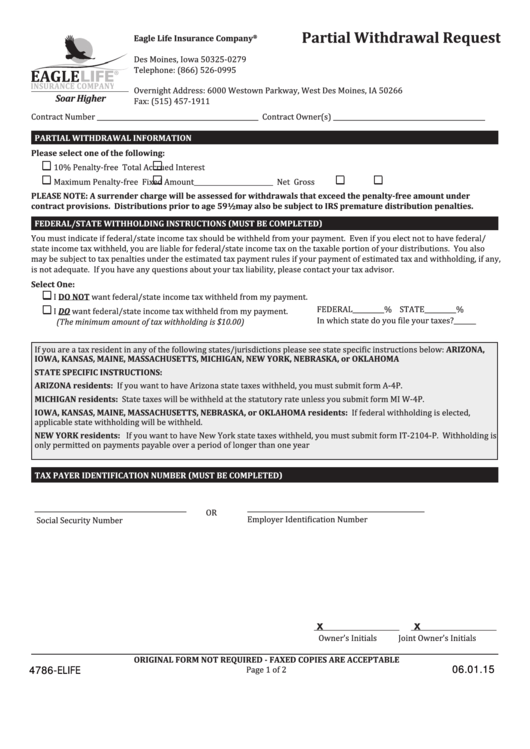 Fillable Form 4786-Elife - Partial Withdrawal Request - Eagle Life Insurance Company Printable pdf