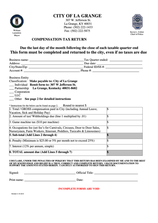 Compensation Tax Return Form - City Of La Grange Kentucky Printable pdf
