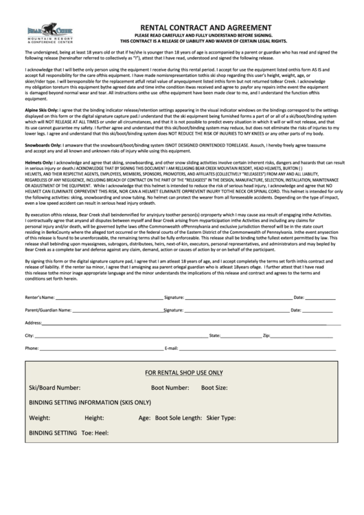 Rental Contract And Agreement - Bear Creek Mountain Resort Printable pdf