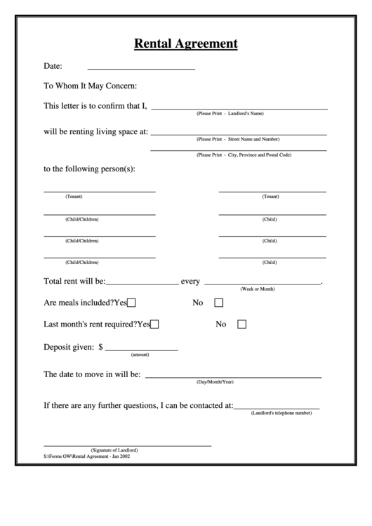 Living Space Rental Agreement Form