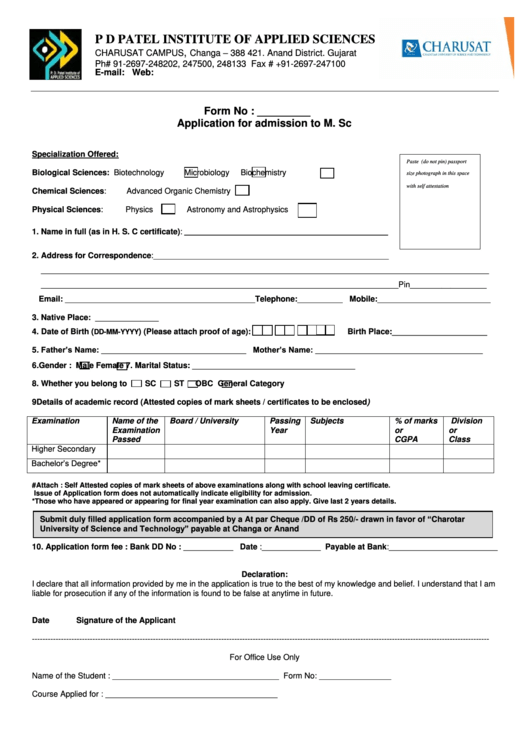 Application Form For Msc Programmes - Charusat Printable pdf