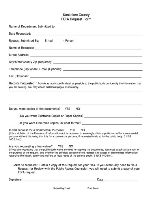 Fillable Foia Request Form - Kankakee County Health Department Printable pdf