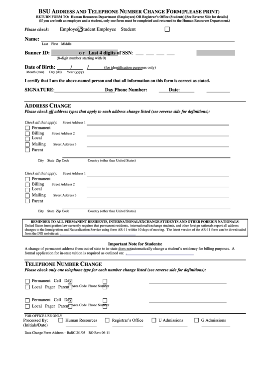 Change Your Address With Bsu - Bridgewater State University Printable pdf