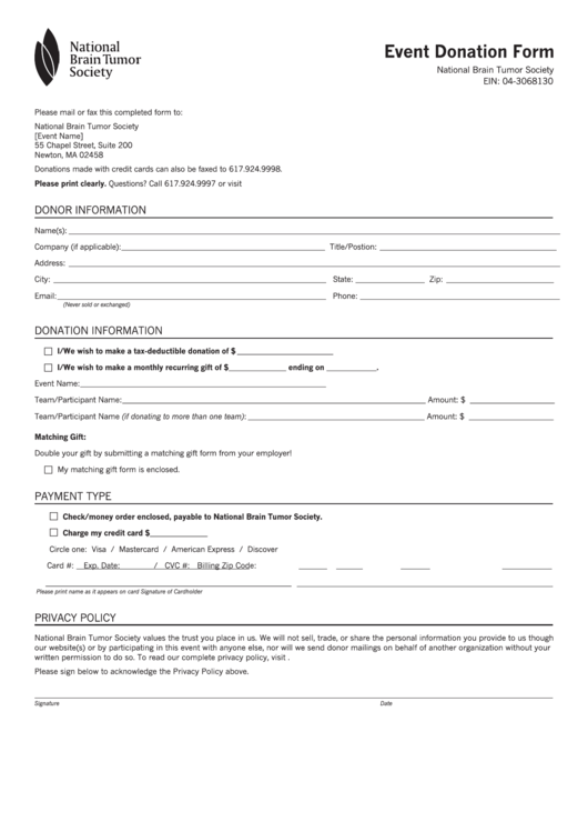 Event Donation Form - National Brain Tumor Society Printable pdf